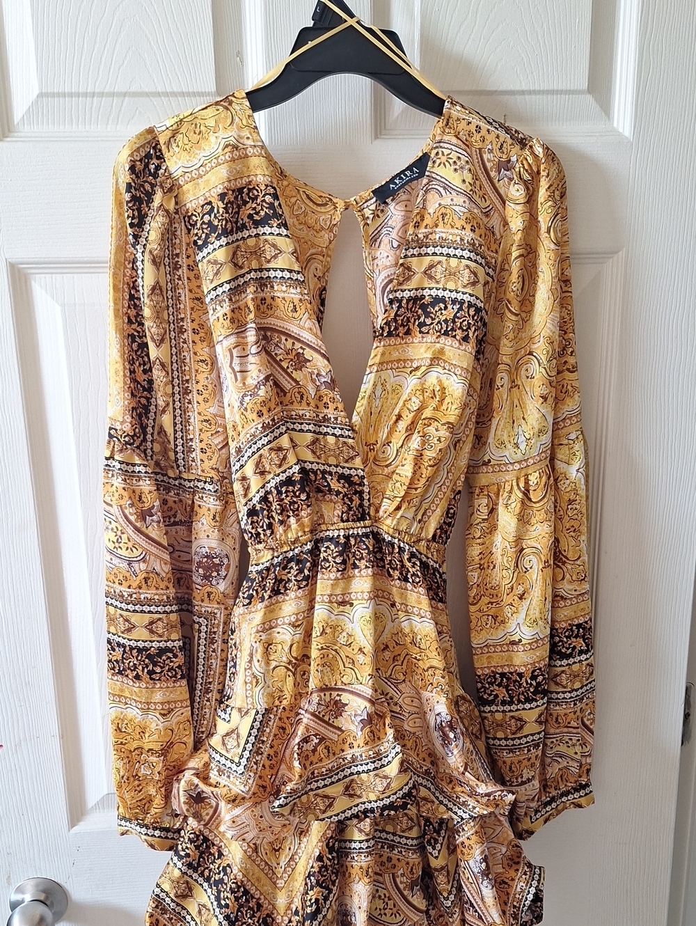 Akira Yellow Paisley V-Neck Long Sleeve Ruffle Tiered Belted Dress